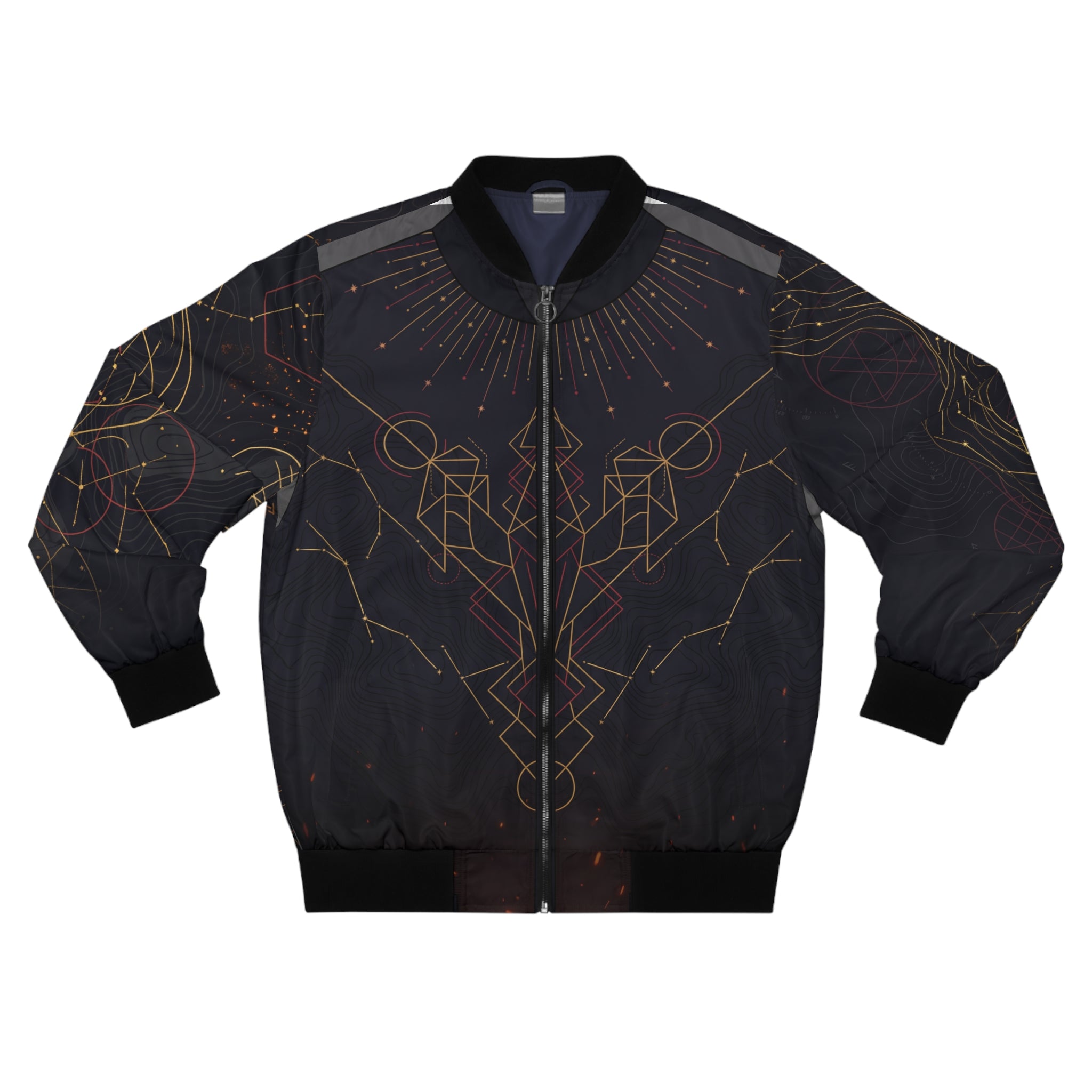 Sacred Geometry Bomber Jacket — Men's Celestial Mandala Gold & Black Jacket