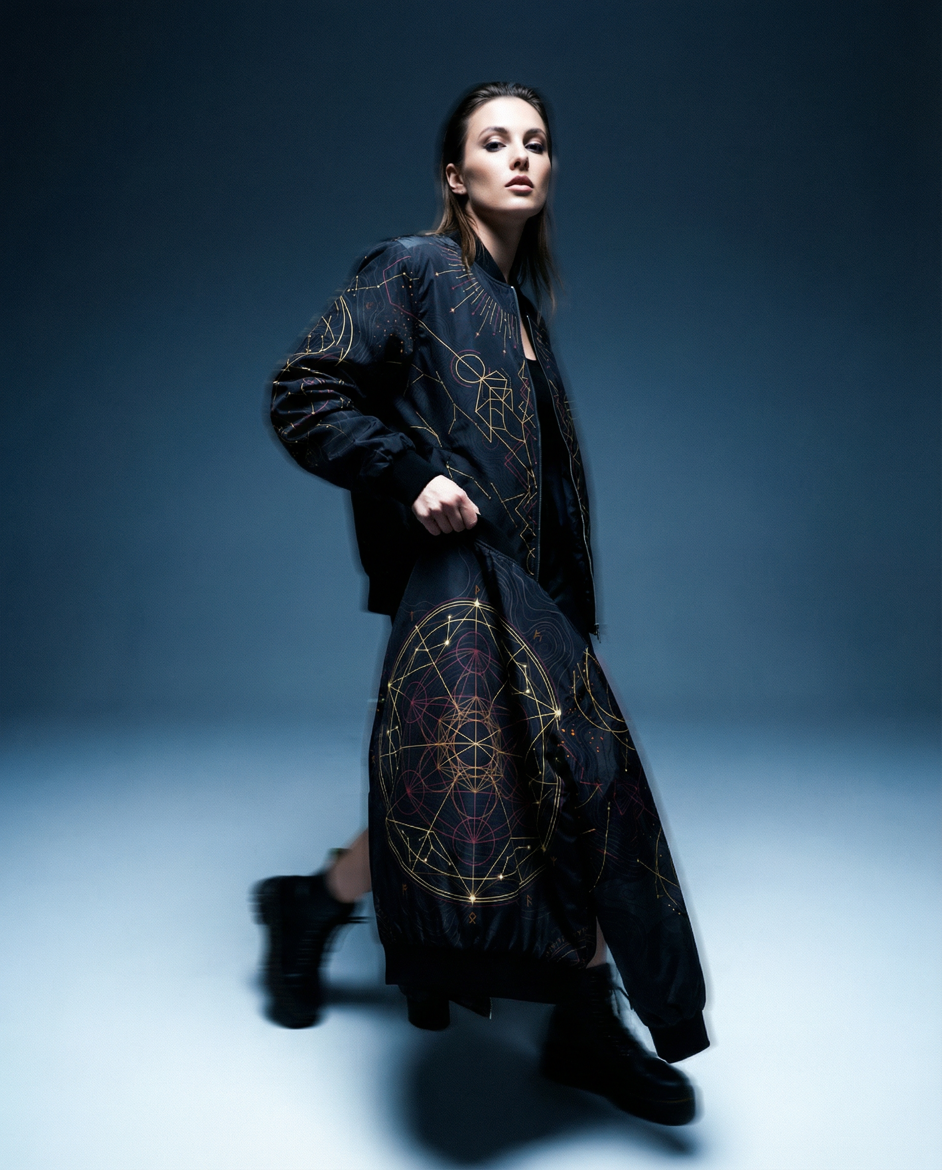 Sacred Geometry Bomber Jacket — Men's Celestial Mandala Gold & Black Jacket