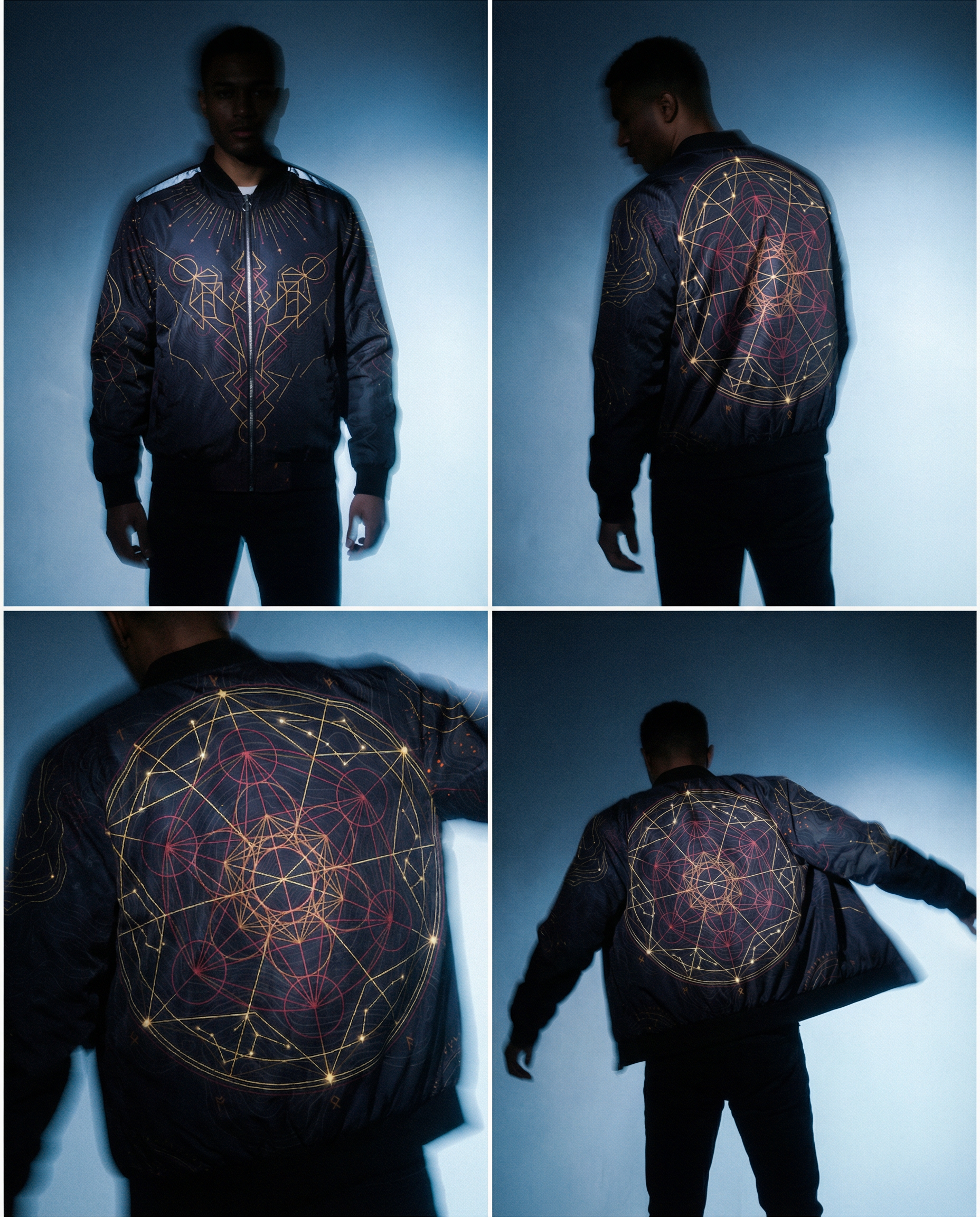 Sacred Geometry Bomber Jacket — Men's Celestial Mandala Gold & Black Jacket