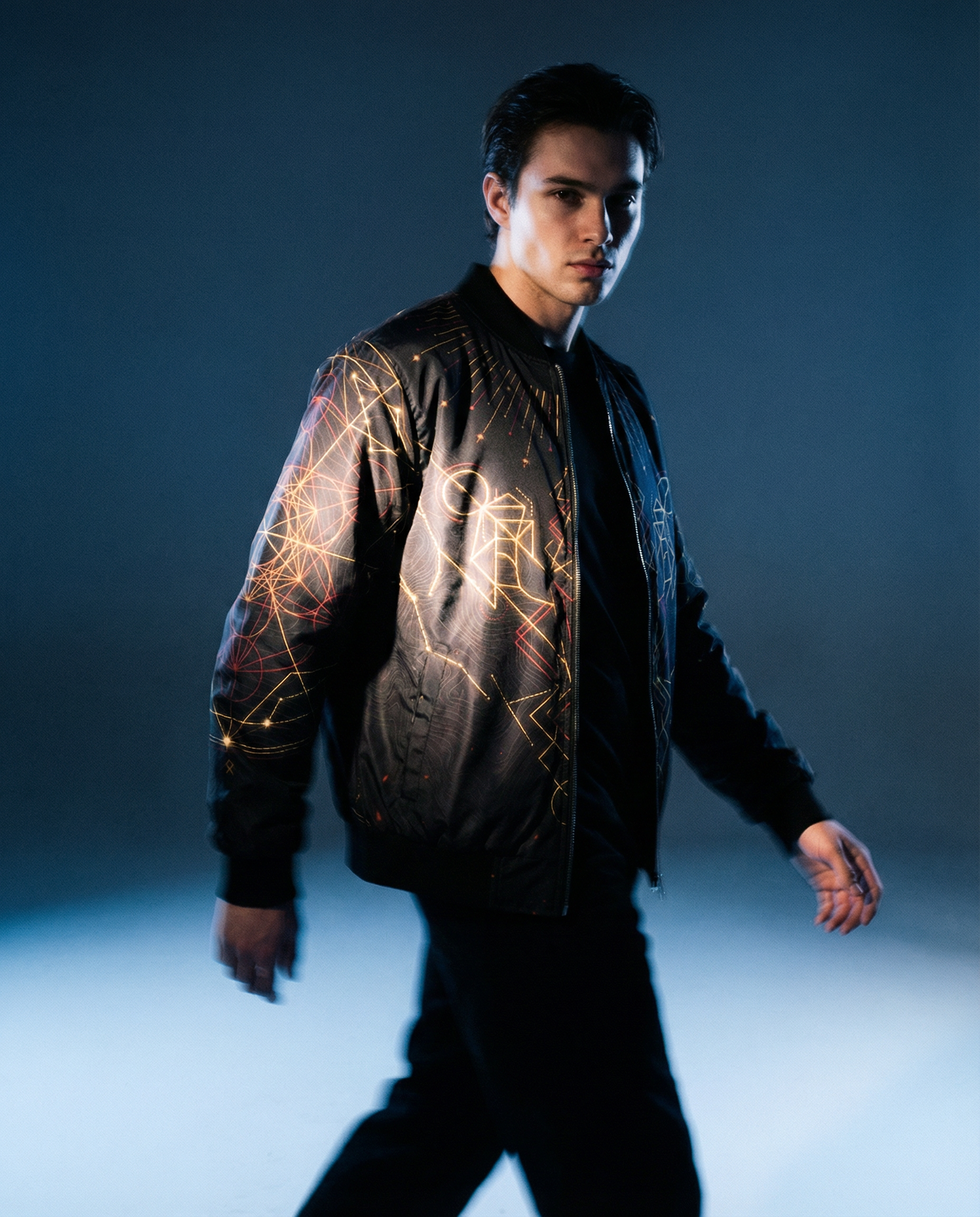 Sacred Geometry Bomber Jacket — Men's Celestial Mandala Gold & Black Jacket